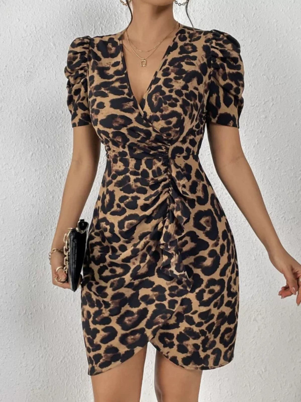 ZARA Retro Leopard Print Bodycon Mini Dress Deep V Neck Shoulder Detail Party
